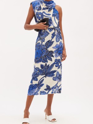 JOHANNA ORTIZ Gotas De Fuego jacquard midi dress / chic blue floral dresses / women’s sustainable 100% FSC viscose fashion