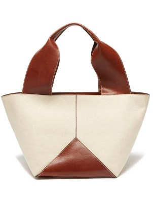 MÉTIER Market cream canvas and brown leather tote bag / colour block bags - flipped