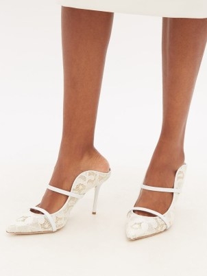 MALONE SOULIERS Maureen ivory lace point-toe mules / semi sheer mesh floral heels - flipped