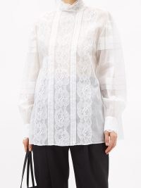 VALENTINO Pintucked white lace and muslin blouse ~ floral semi sheer high neck blouses ~ feminine fashion