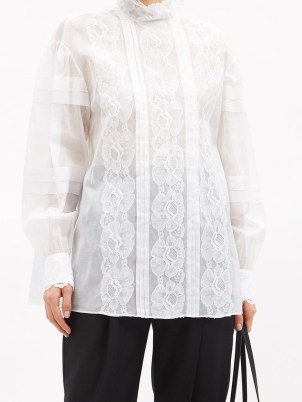 VALENTINO Pintucked white lace and muslin blouse ~ floral semi sheer high neck blouses ~ feminine fashion - flipped