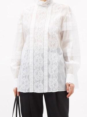 VALENTINO Pintucked white lace and muslin blouse ~ floral semi sheer high neck blouses ~ feminine fashion