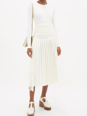 GABRIELA HEARST Rado fringed pleated wool midi skirt in white | draped fringe detail skirts - flipped