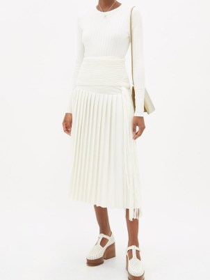 GABRIELA HEARST Rado fringed pleated wool midi skirt in white | draped fringe detail skirts
