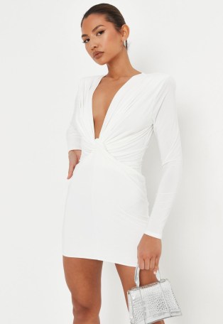 MISSGUIDED white slinky knot front plunge mini dress ~ long sleeve plunging party dresses ~ glamorous going out evening fashion - flipped