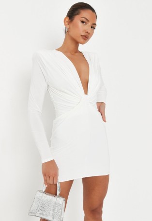 MISSGUIDED white slinky knot front plunge mini dress ~ long sleeve plunging party dresses ~ glamorous going out evening fashion