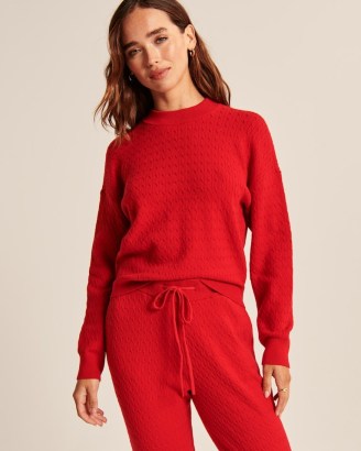 ABERCROMBIE & FITCH Cable Wedge Crew Sweater in Red ~ womens sportswear inspired fashion