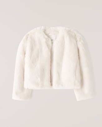 ABERCROMBIE & FITCH Cropped Faux Fur Jacket Off White ~ luxe style crop hem jackets - flipped