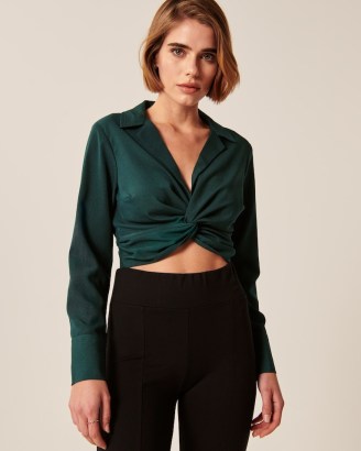 ABERCROMBIE & FITCH Cropped Long-Sleeve Knotted Top in Green ~ crop hem front knot detail tops - flipped