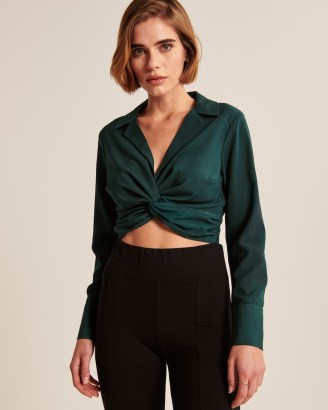 ABERCROMBIE & FITCH Cropped Long-Sleeve Knotted Top in Green ~ crop hem front knot detail tops