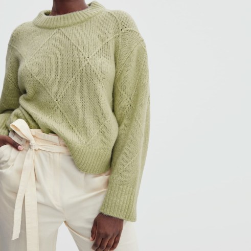 EVERLANE The Diamond-Stitch Cloud Crew in Sage ~ women’s soft green oversized sweaters ~ womens relaxed fit jumpers - flipped