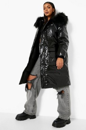 boohoo Faux Fur Metallic Parka Black – glossy parkas – womens high shine winter coats - flipped