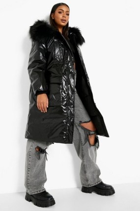 boohoo Faux Fur Metallic Parka Black – glossy parkas – womens high shine winter coats