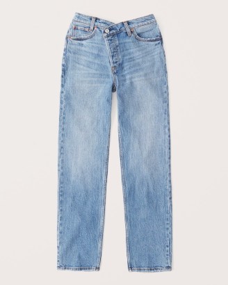 Abercrombie & Fitch High Rise Dad Jeans | womens casual blue denim fashion | asymmetric crossover waist | relaxed fit