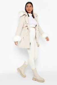 boohoo Hooded Faux Fur Trim Parka in Beige – on-trend parkas – fashionable winter coats