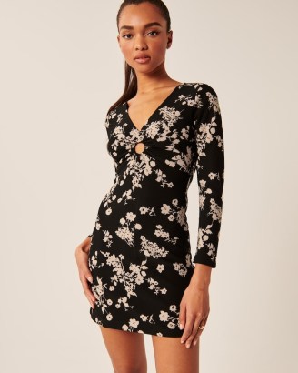 ABERCROMBIE & FITCH Long-Sleeve O-Ring Mini Dress Black Floral ~ stretch crepe fabric dresses - flipped