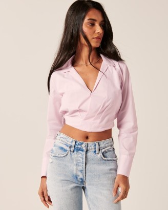 ABERCROMBIE & FITCH Long-Sleeve Poplin Wrap Top Light Pink ~ crop hem shirt collar tops ~ cropped fashion - flipped
