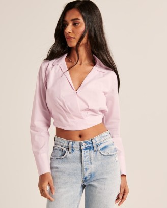 ABERCROMBIE & FITCH Long-Sleeve Poplin Wrap Top Light Pink ~ crop hem shirt collar tops ~ cropped fashion