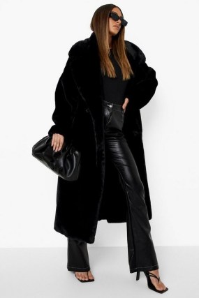 boohoo Luxe Faux Fur Longline Coat Black – glamorous winter coats - flipped