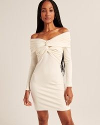 ABERCROMBIE & FITCH Off-The-Shoulder Twist-Front Mini Dress in Cream ~ bardot party dresses ~ glamorous going out evening fashion
