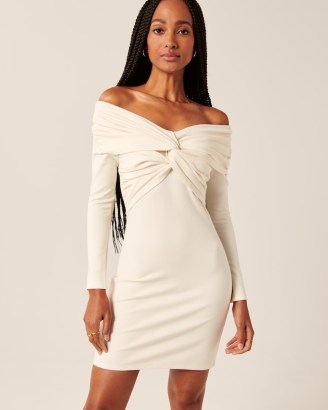 ABERCROMBIE & FITCH Off-The-Shoulder Twist-Front Mini Dress in Cream ~ bardot party dresses ~ glamorous going out evening fashion - flipped