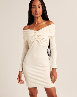 ABERCROMBIE & FITCH Off-The-Shoulder Twist-Front Mini Dress in Cream ~ bardot party dresses ~ glamorous going out evening fashion