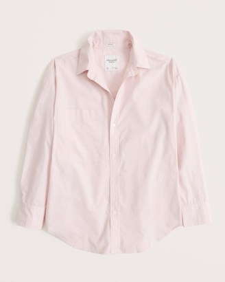 ABERCROMBIE & FITCH Oversized Poplin Button-Up Shirt Light Pink ~ womens curved hem shirts ~ wardrobe essentials - flipped