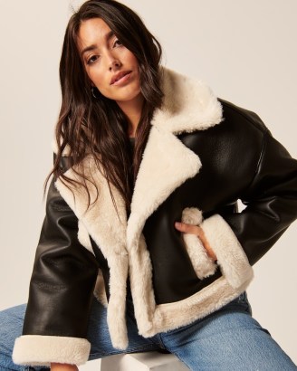 ABERCROMBIE & FITCH Oversized Short Sherpa-Lined Vegan Leather Coat in Black / casual faux fur trimmed winter coats - flipped
