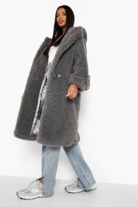 boohoo Oversized Toggle Borg Hooded Coat Charcoal – womens dark grey faux shearling fur winter coats