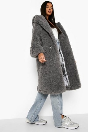 boohoo Oversized Toggle Borg Hooded Coat Charcoal – womens dark grey faux shearling fur winter coats - flipped