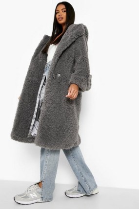 boohoo Oversized Toggle Borg Hooded Coat Charcoal – womens dark grey faux shearling fur winter coats