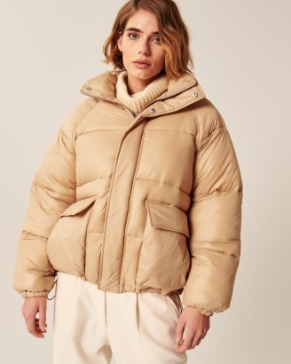 ABERCROMBIE & FITCH Oversized Utility Puffer in Light Brown ~ womens on-trend padded coats ~ women’s fashionable winter jackets - flipped