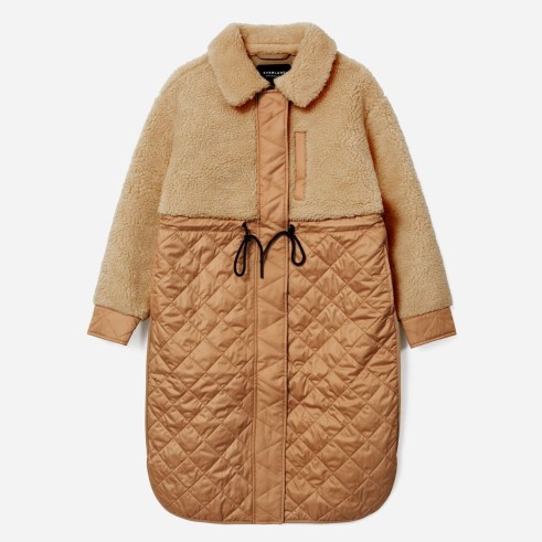 EVERLANE The Quilted Teddy Coat ~ womens fleece and quilt detail winter coats ~ drawcord waist outerwear
