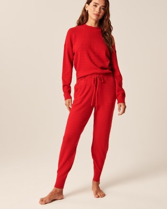 ABERCROMBIE & FITCH Sweater Joggers in Red ~ womens knitted jogging bottoms ~ women’s loungewear - flipped
