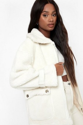 boohoo Teddy Faux Fur Aviator Jacket Cream – womens casual textured jackets - flipped