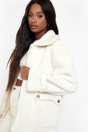 boohoo Teddy Faux Fur Aviator Jacket Cream – womens casual textured jackets