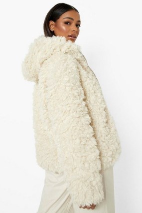 boohoo Teddy Faux Fur Hooded Jacket Cream – womens on trend textured winter jackets - flipped