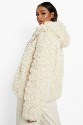 boohoo Teddy Faux Fur Hooded Jacket Cream – womens on trend textured winter jackets