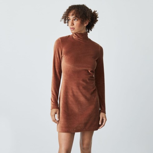 EVERLANE The Velour Mini Dress Brown Stucco ~ long sleeve high neck soft feel dresses - flipped