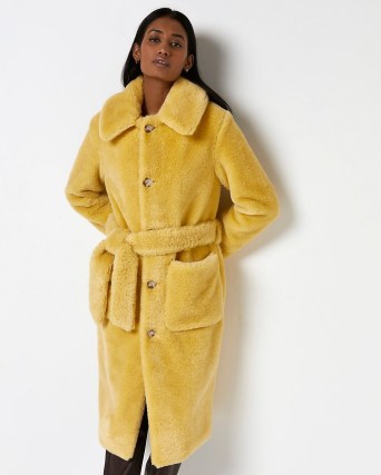 RIVER ISLAND YELLOW BORG TRENCH COAT / womens textured faux fur belted tie waist coats - flipped