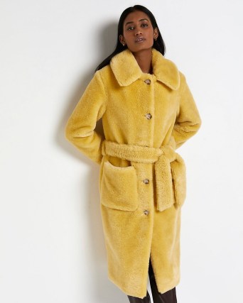 RIVER ISLAND YELLOW BORG TRENCH COAT / womens textured faux fur belted tie waist coats