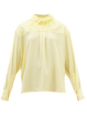 VICTORIA BECKHAM Ruffled yellow silk-crepe de chine blouse ~ ruffle high neck blouses - flipped