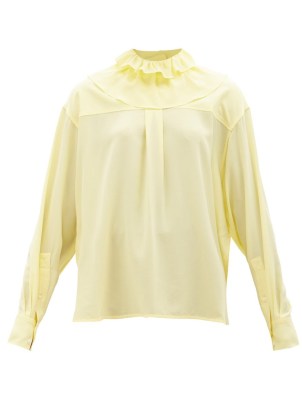 VICTORIA BECKHAM Ruffled yellow silk-crepe de chine blouse ~ ruffle high neck blouses