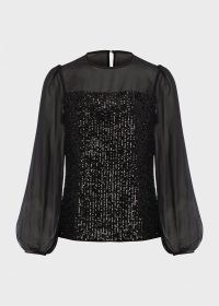 HOBBS ZARIAH SEQUIN TOP BLACK / glittering sequinned long sleeve tops / sheer blouson sleeves
