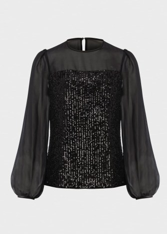 HOBBS ZARIAH SEQUIN TOP BLACK / glittering sequinned long sleeve tops / sheer blouson sleeves - flipped