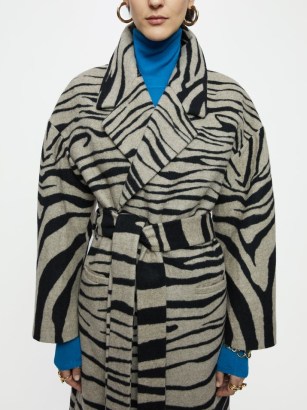 JIGSAW Zebra Print Wrap Coat. WOMENS LONGLINE RELAXED DROP SHOULDER COATS. WILD ANIMAL PRINTS. WOMEN’S BELTED TIE WAIST OUTERWEAR - flipped