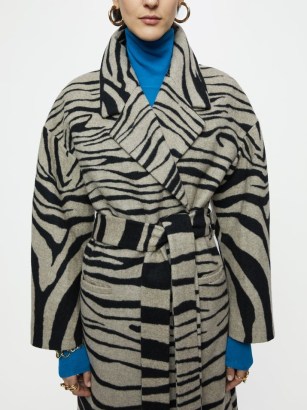 JIGSAW Zebra Print Wrap Coat. WOMENS LONGLINE RELAXED DROP SHOULDER COATS. WILD ANIMAL PRINTS. WOMEN’S BELTED TIE WAIST OUTERWEAR