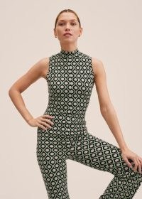 MANGO Long retro print jumpsuit in Green ~ vintage style prints ~ womens sleeveless floral printed jumpsuits