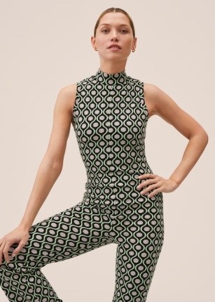 MANGO Long retro print jumpsuit in Green ~ vintage style prints ~ womens sleeveless floral printed jumpsuits - flipped