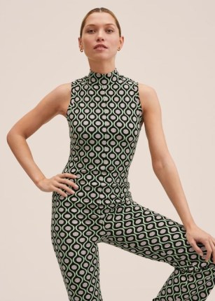 MANGO Long retro print jumpsuit in Green ~ vintage style prints ~ womens sleeveless floral printed jumpsuits